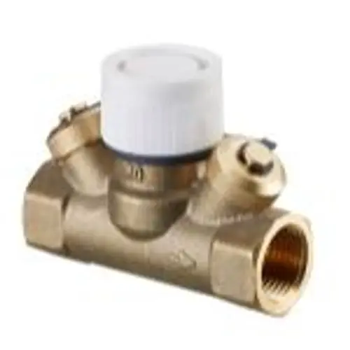 Brass valve with a white cap, featuring multiple connection points for hydraulic integration and regulation of heating and cooling systems.